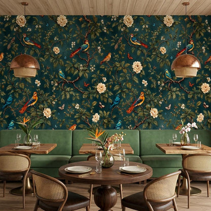 Vintage Chinoiserie Bird Floral Wallpaper, Teal Botanical Mural, Peel & Stick Wall Decor