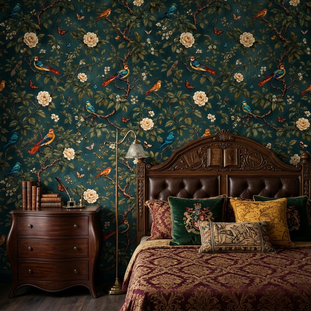 Vintage Chinoiserie Bird Floral Wallpaper, Teal Botanical Mural, Peel & Stick Wall Decor
