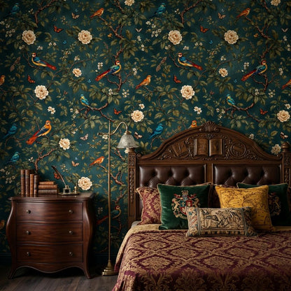 Vintage Chinoiserie Bird Floral Wallpaper, Teal Botanical Mural, Peel & Stick Wall Decor