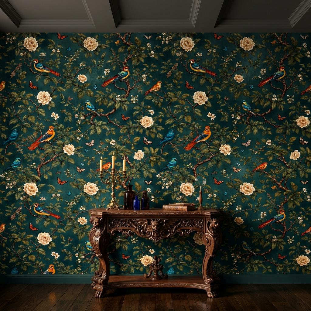 Vintage Chinoiserie Bird Floral Wallpaper, Teal Botanical Mural, Peel & Stick Wall Decor