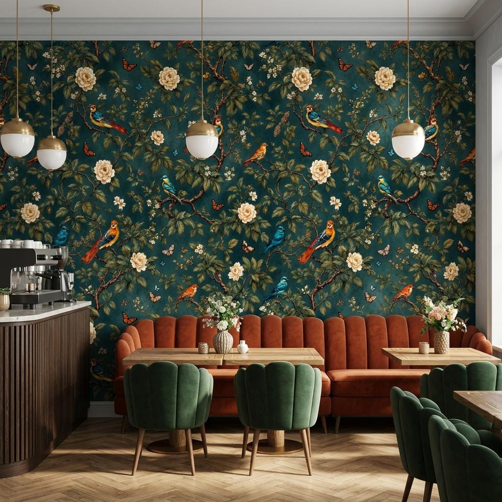Vintage Chinoiserie Bird Floral Wallpaper, Teal Botanical Mural, Peel & Stick Wall Decor