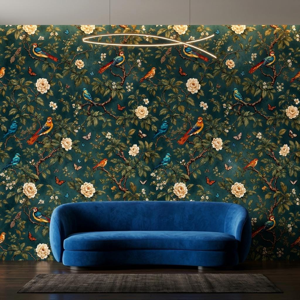 Vintage Chinoiserie Bird Floral Wallpaper, Teal Botanical Mural, Peel & Stick Wall Decor