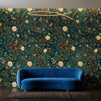 Vintage Chinoiserie Bird Floral Wallpaper, Teal Botanical Mural, Peel & Stick Wall Decor