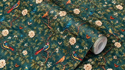 Vintage Chinoiserie Bird Floral Wallpaper, Teal Botanical Mural, Peel & Stick Wall Decor