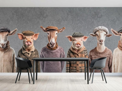 A minimalist black table and chairs set against a wall covered in a whimsical farm animal clothing mural.