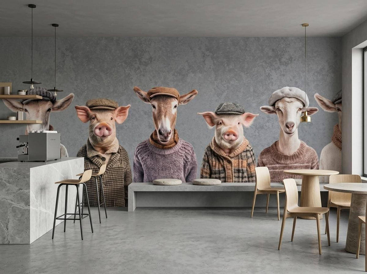 A cafe interior with tables and chairs positioned beneath a mural of dressed-up farm animals.