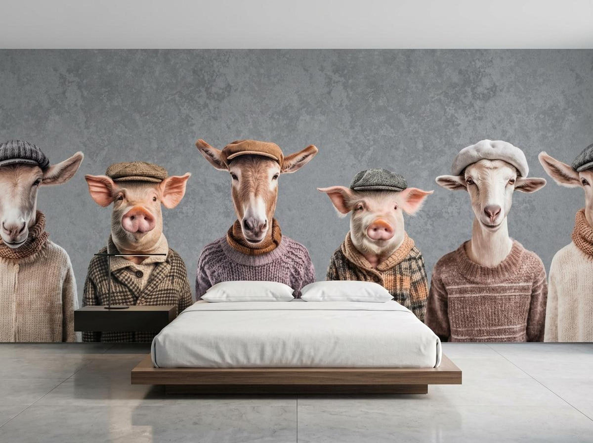 A low-profile platform bed placed against a large mural wall featuring anthropomorphic animals in vintage attire.