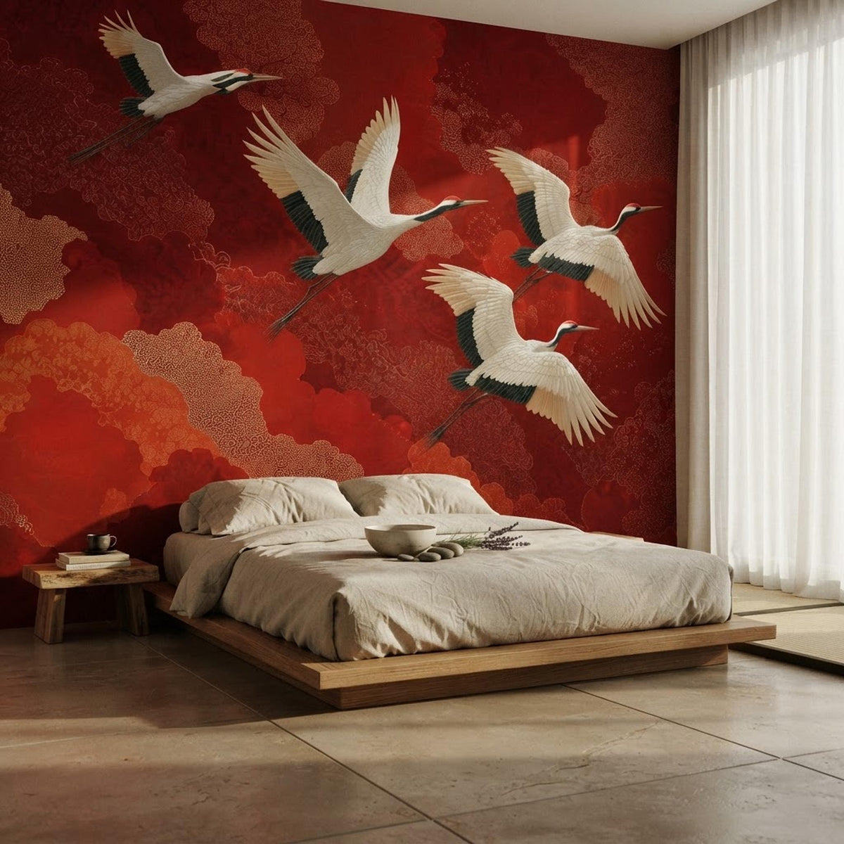 Japanese Crane Red Wallpaper Mural, Chinoiserie Living Room Art (Custom Sizing) shown in an AI-generated listing photo