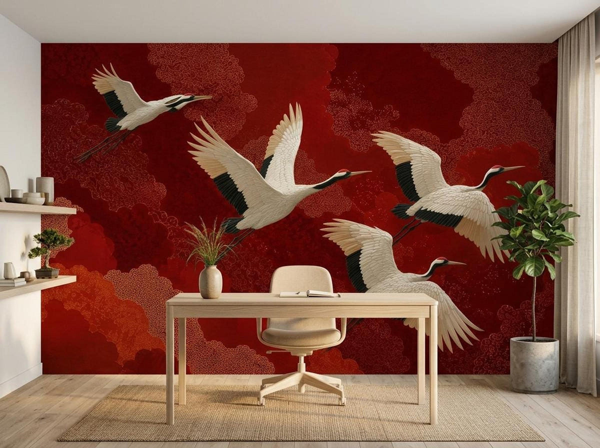 An office setup with a light wood desk and chair set against a red wall mural depicting flying cranes over textured clouds.