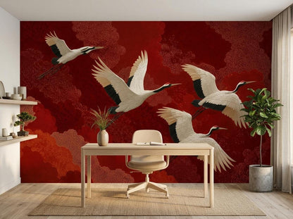 An office setup with a light wood desk and chair set against a red wall mural depicting flying cranes over textured clouds.