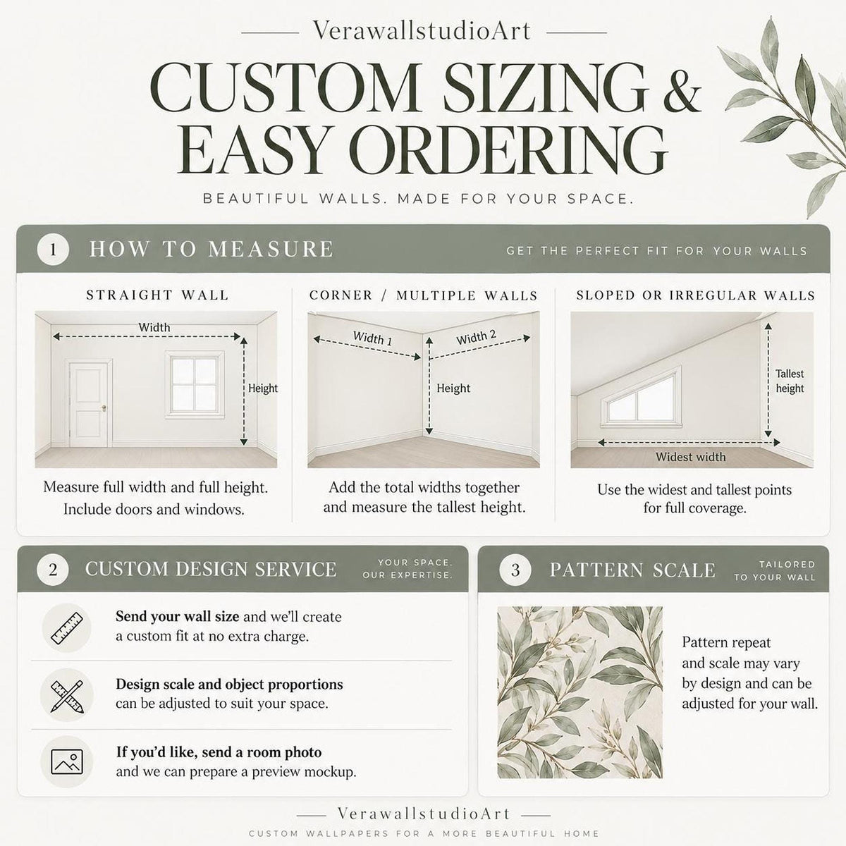 An infographic diagram outlining custom sizing and how to measure straight, corner, and sloped walls for ordering wallpaper.