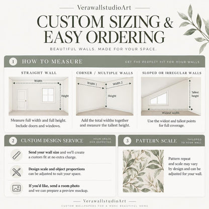 An infographic diagram outlining custom sizing and how to measure straight, corner, and sloped walls for ordering wallpaper.