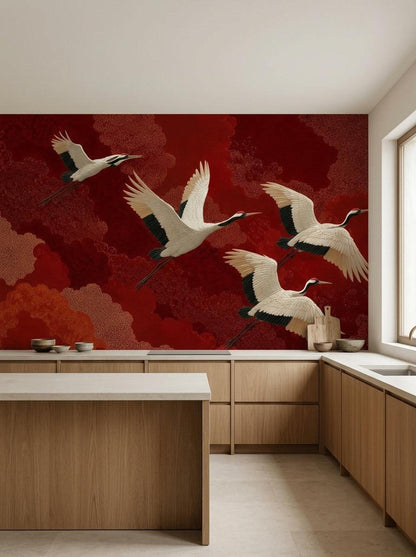 A modern kitchen with light wood cabinetry and countertops features the red Japanese crane wallpaper mural on the main back wall.