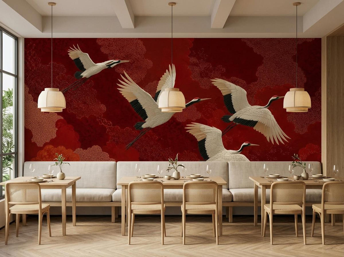A dining room with multiple wooden tables and chairs set before a large red wall mural showing flying cranes.