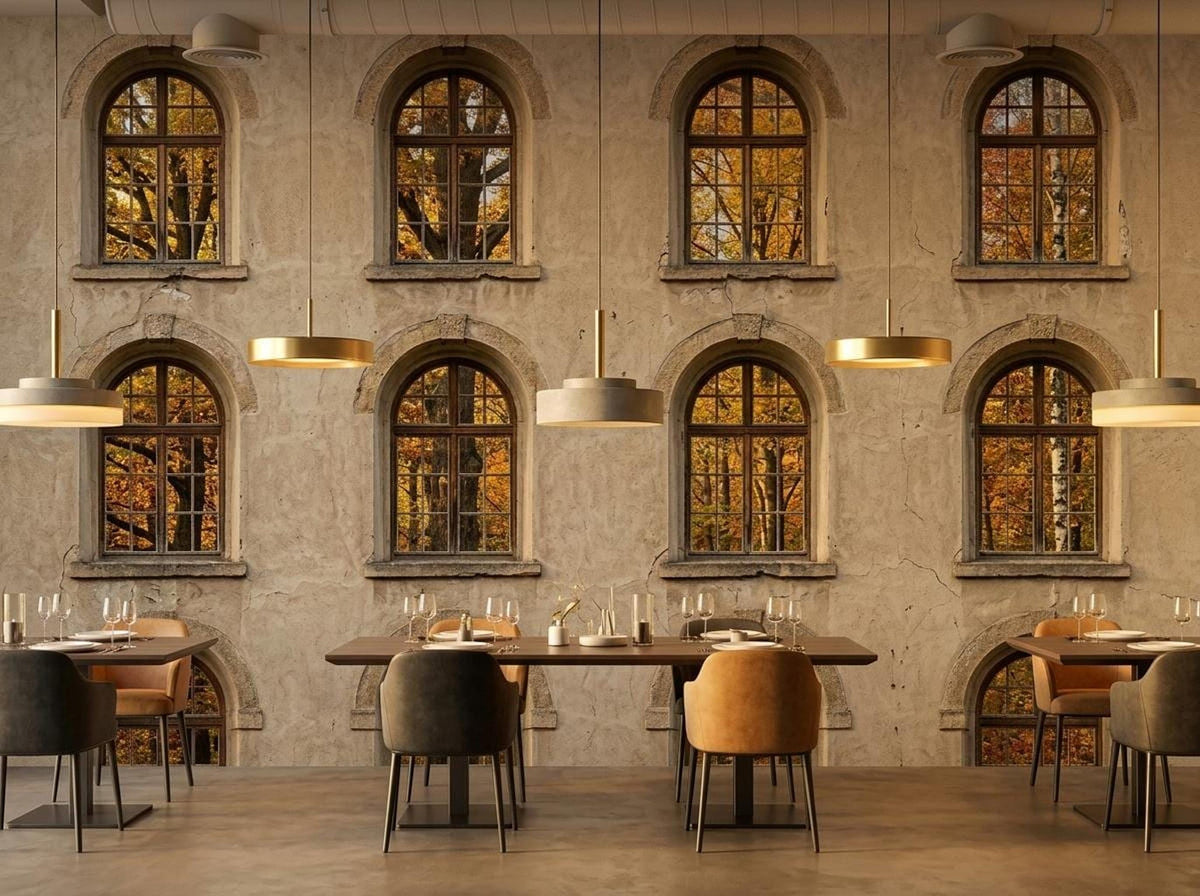 A restaurant interior with wooden dining tables and chairs against a large wall mural depicting an old stone building facade with arched windows looking out at autumn trees.