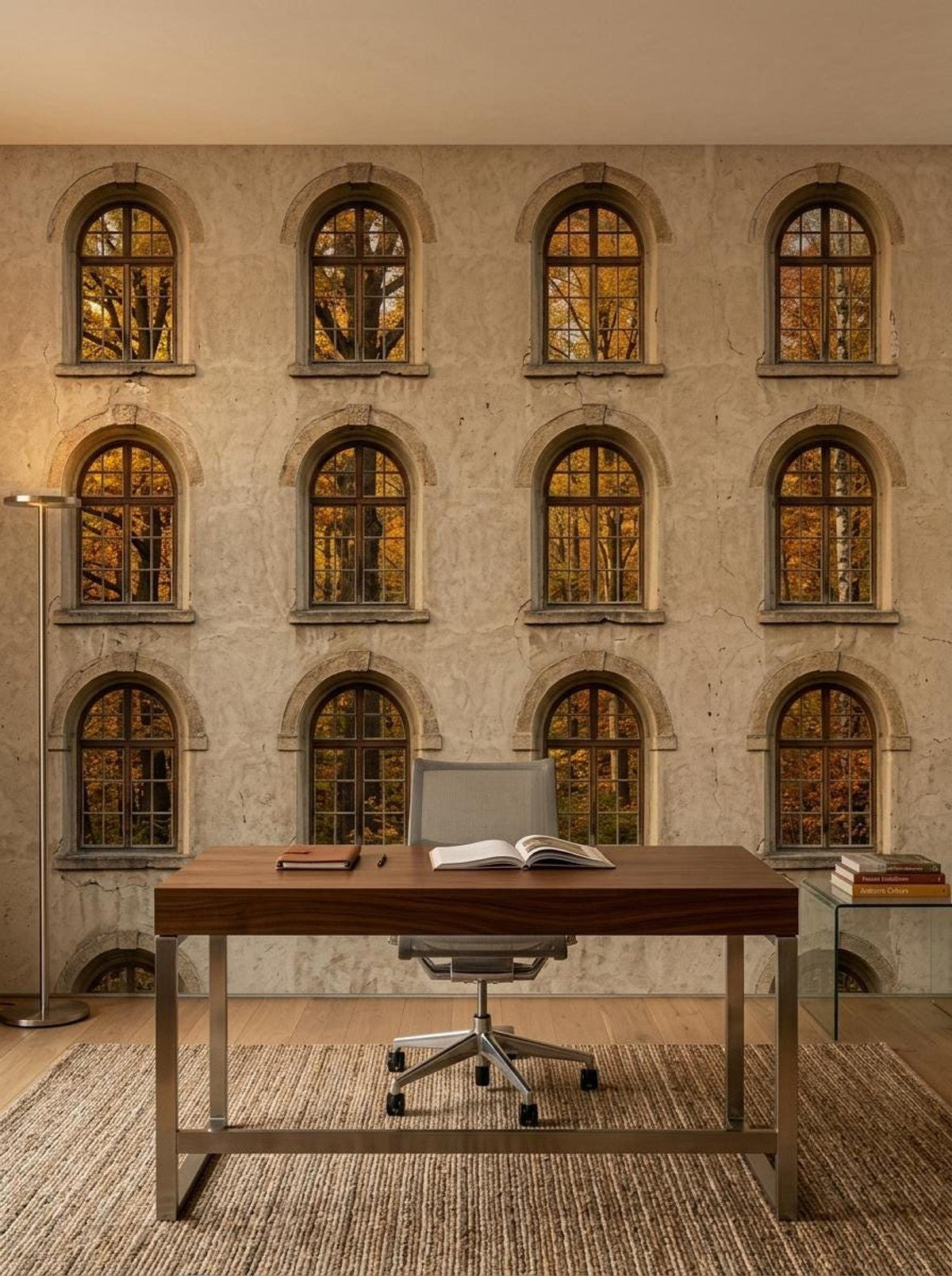 A home office setup with a wooden desk, office chair, and rug against a wallpaper mural of an old Italian stone building facade with arched autumn windows.
