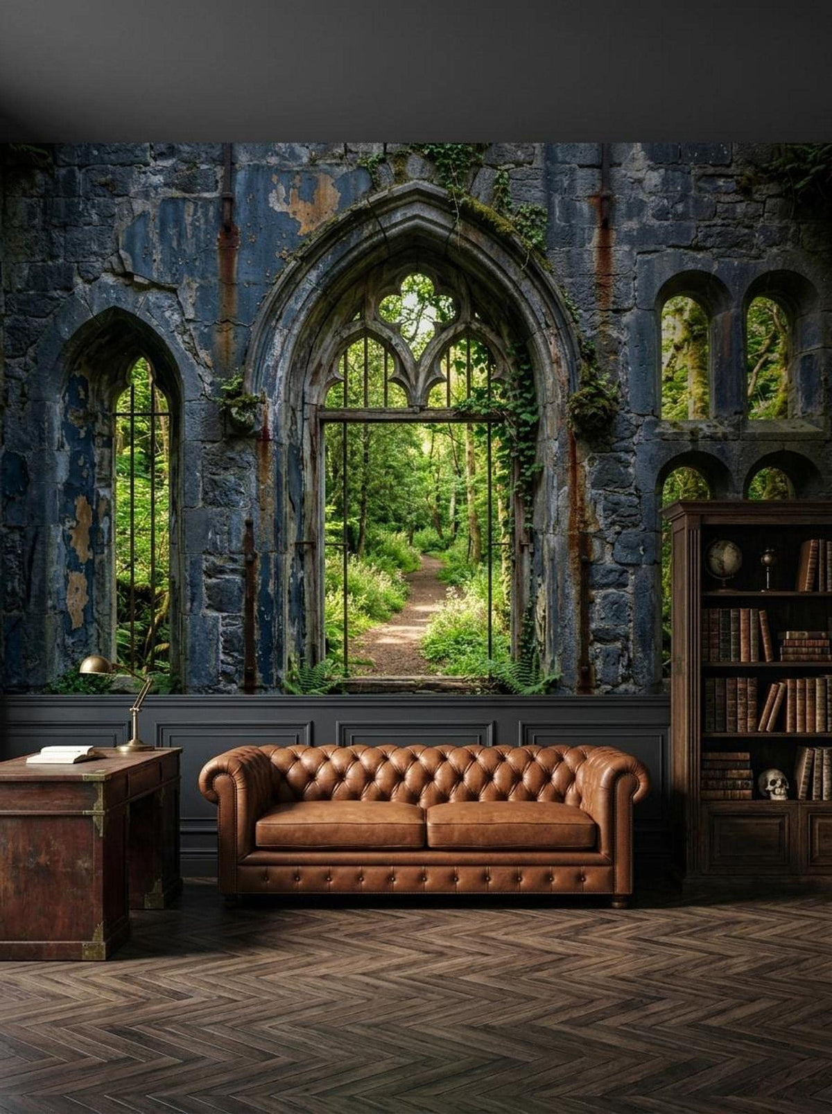 A living room featuring a stone ruin wallpaper mural with an arched window view of a forest, a brown leather tufted sofa, and a dark wood desk.
