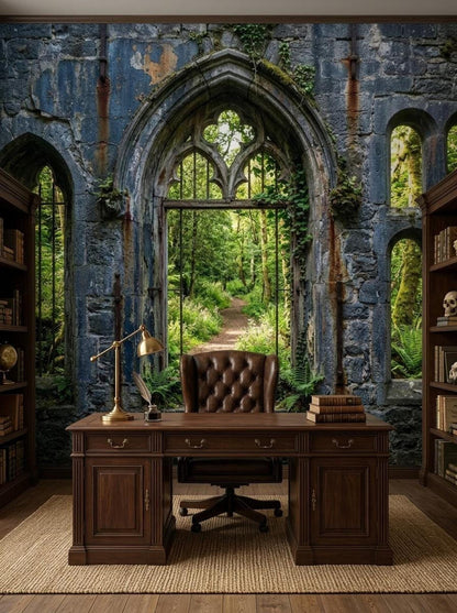 A study featuring a stone ruin wallpaper mural with a forest view through arched windows, a large dark wood desk, a leather office chair, and bookcases.