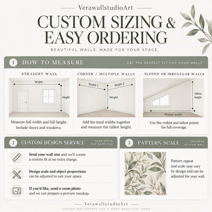 An instructional infographic titled Custom Sizing & Easy Ordering explaining how to measure different wall types and detailing custom design services.