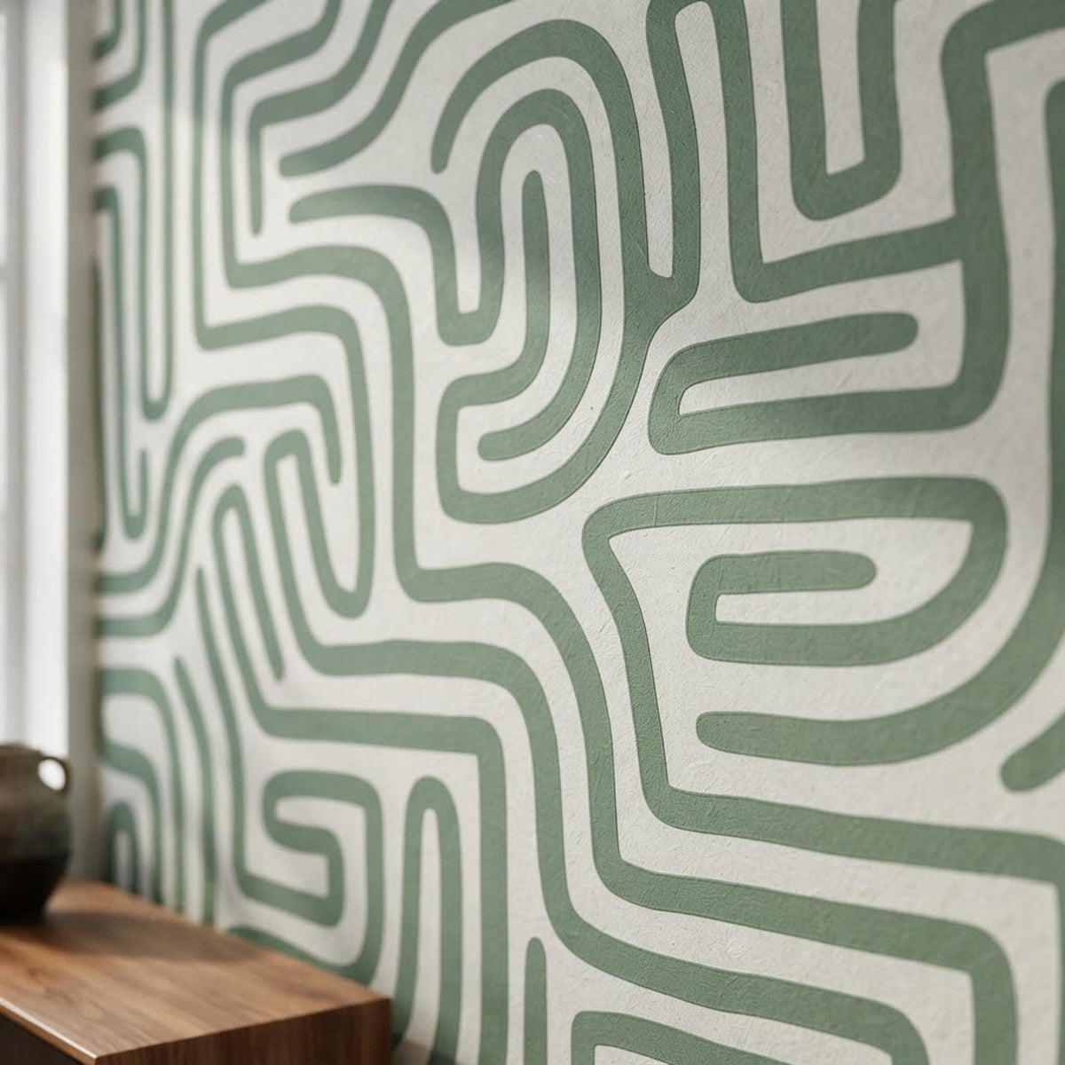 Sage Green Maze Wallpaper, Modern Geometric Mural, Boho Accent Wall (Peel & Stick) shown in an AI-generated listing photo