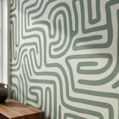 Sage Green Maze Wallpaper, Modern Geometric Mural, Boho Accent Wall (Peel & Stick) shown in an AI-generated listing photo