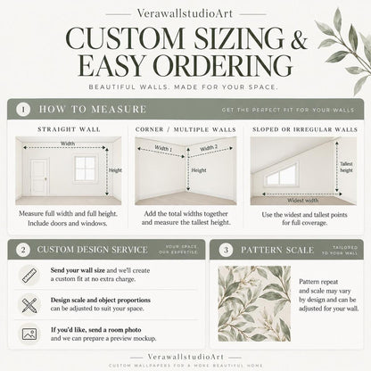 An instructional graphic explaining custom sizing and ordering with guides for measuring different wall types and custom design services.