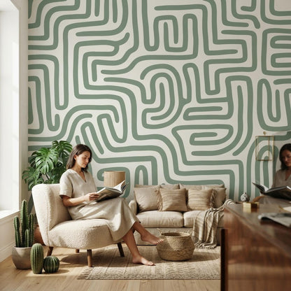 Sage Green Maze Wallpaper, Modern Geometric Mural, Boho Accent Wall (Peel & Stick) shown in an AI-generated listing photo