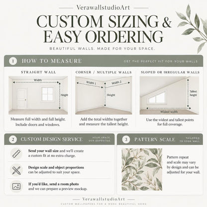 An informational graphic explaining how to measure walls, custom design services, and pattern scale for custom wallpaper ordering.