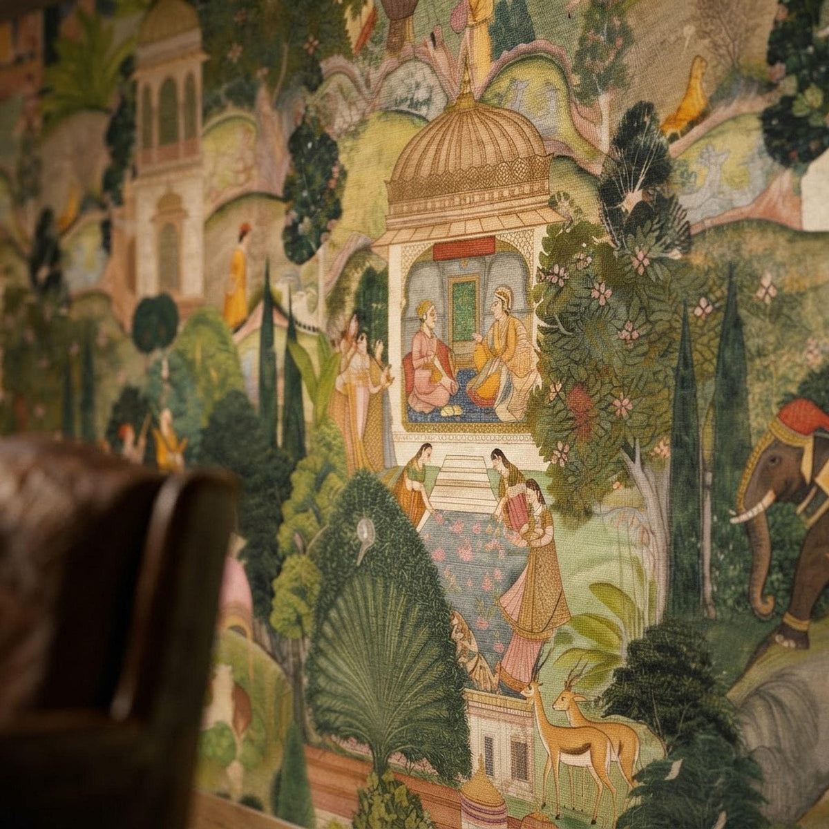 Indian Miniature Painting Mural Wallpaper, Mughal Garden Wall Art (Peel & Stick) shown in an AI-generated listing photo