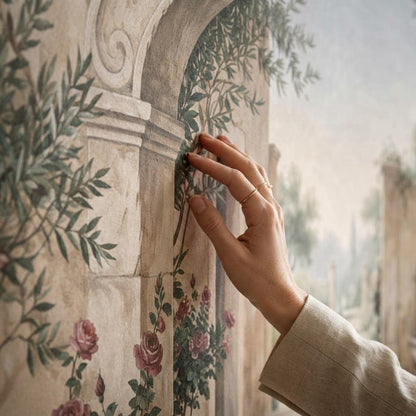 Mediterranean Garden Archway Mural, Tuscan Villa Landscape Wallpaper, Romantic Floral Art shown in an AI-generated listing photo