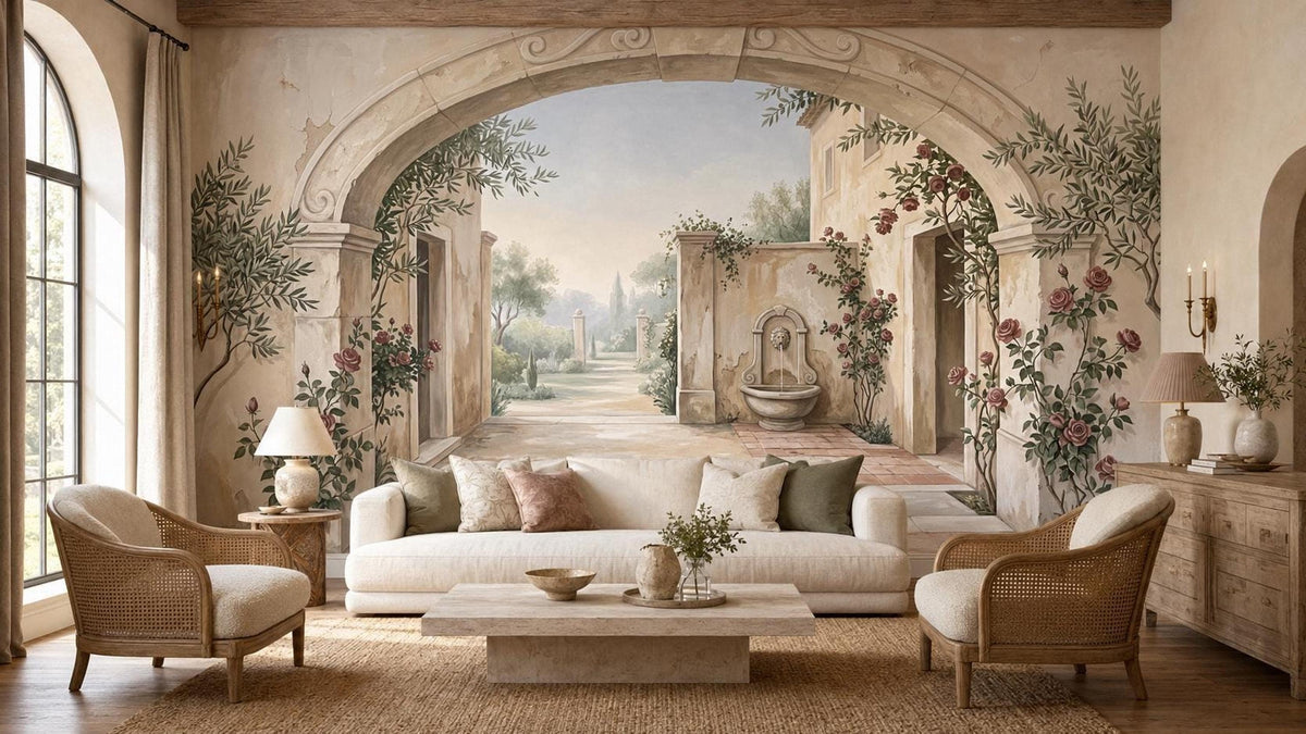 A living room with a large wall mural depicting a stone archway opening to a garden path, a fountain, and a distant villa.