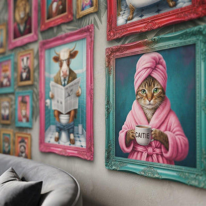 Personalized Anthropomorphic Animal Portrait Wallpaper, Maximalist Gallery Wall Decal (Custom Name) shown in an AI-generated listing photo