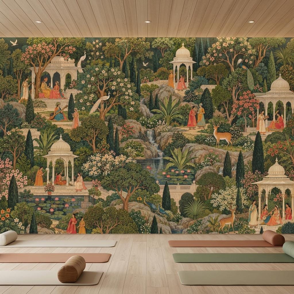 Mughal Garden Pichwai Wallpaper, Green Forest Palace Landscape (Custom Sizing)