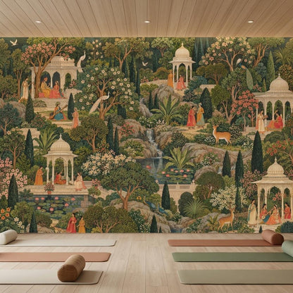 Mughal Garden Pichwai Wallpaper, Green Forest Palace Landscape (Custom Sizing)