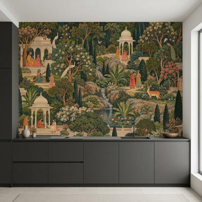 Mughal Garden Pichwai Wallpaper, Green Forest Palace Landscape (Custom Sizing)