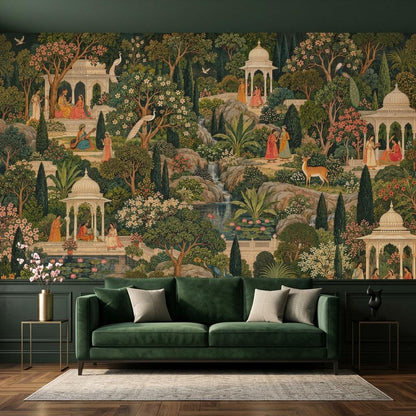 Mughal Garden Pichwai Wallpaper, Green Forest Palace Landscape (Custom Sizing)