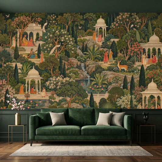 Mughal Garden Pichwai Wallpaper, Green Forest Palace Landscape (Custom Sizing)