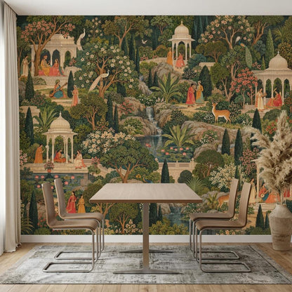 Mughal Garden Pichwai Wallpaper, Green Forest Palace Landscape (Custom Sizing)