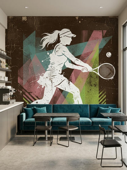 Retro Tennis Player Wall Mural, Mid-Century Modern Athletic Decor, Distressed Artistic Wallpaper