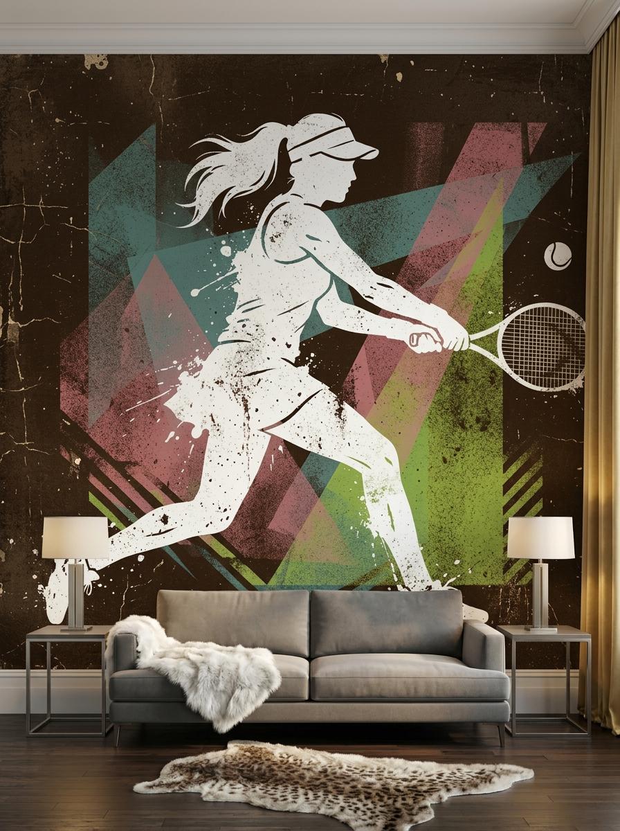 Retro Tennis Player Wall Mural, Mid-Century Modern Athletic Decor, Distressed Artistic Wallpaper