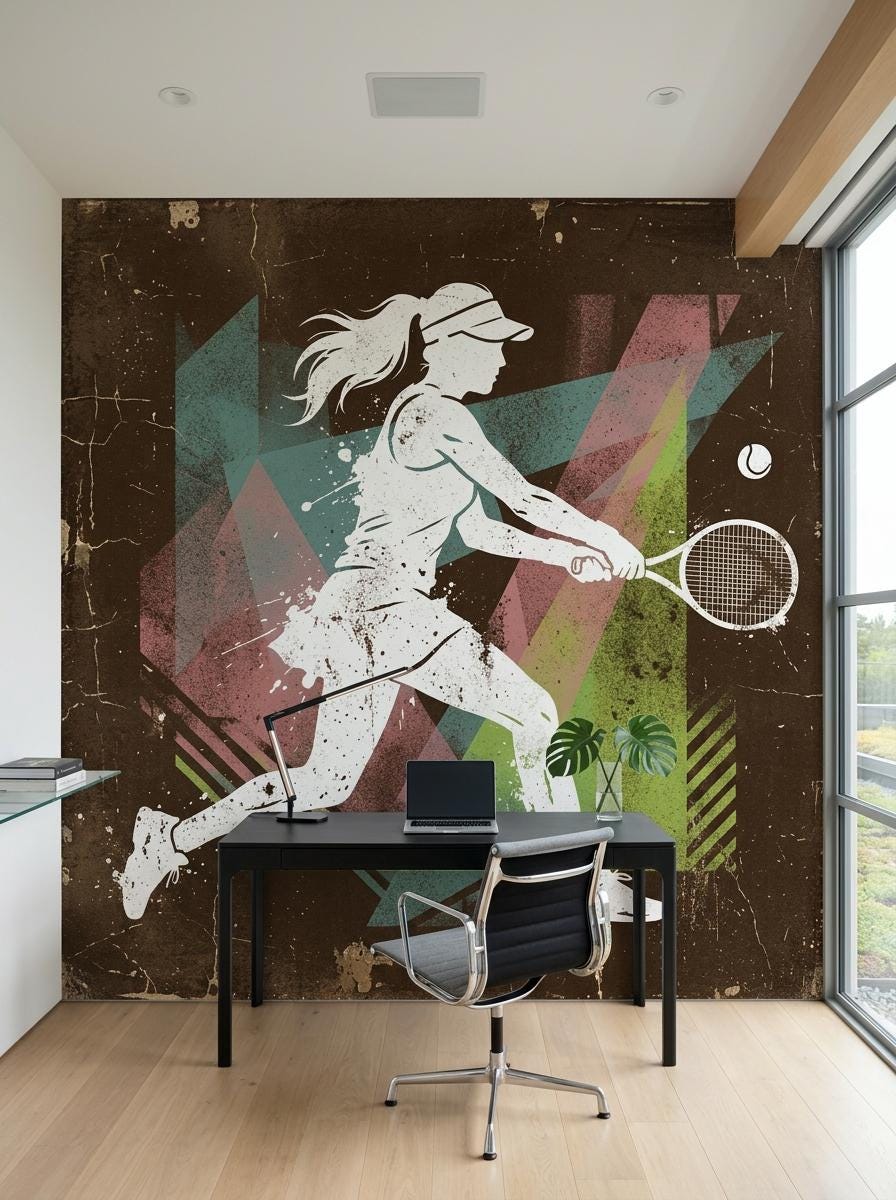 Retro Tennis Player Wall Mural, Mid-Century Modern Athletic Decor, Distressed Artistic Wallpaper