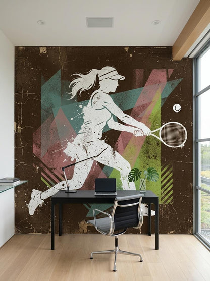Retro Tennis Player Wall Mural, Mid-Century Modern Athletic Decor, Distressed Artistic Wallpaper