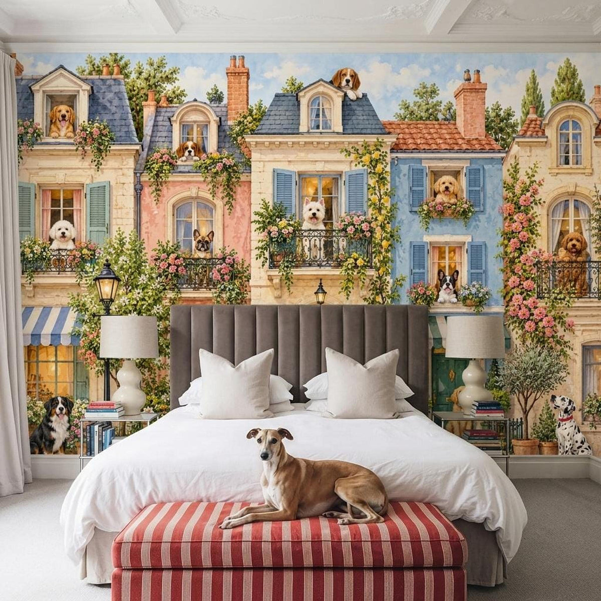Whimsical Dog Townhouse Wall Mural, European Streetscape Wallpaper, Vintage French Pet Decor