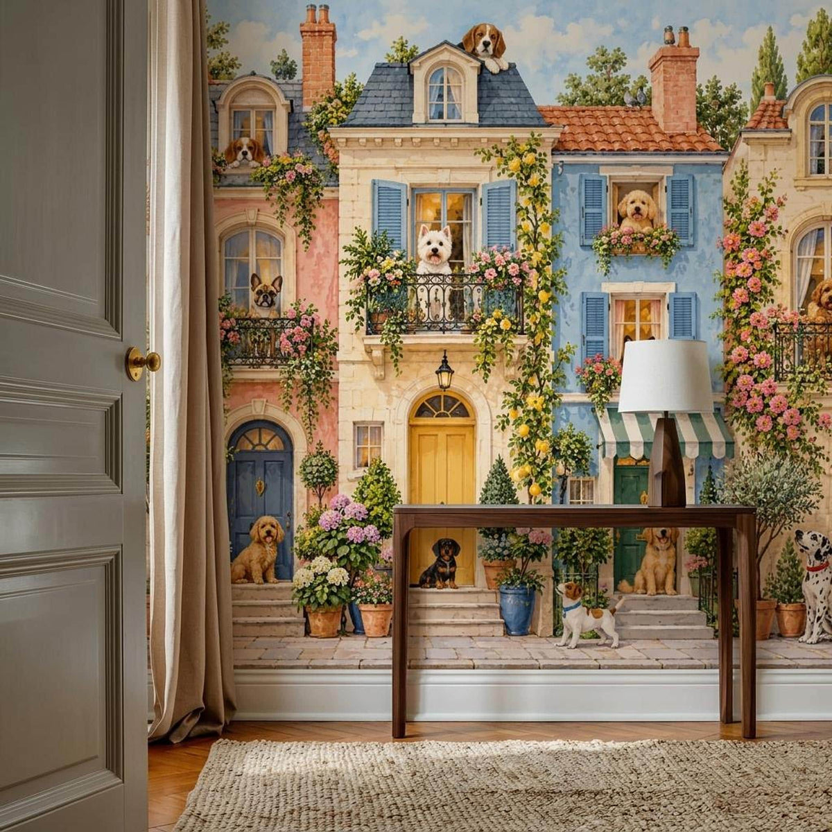 Whimsical Dog Townhouse Wall Mural, European Streetscape Wallpaper, Vintage French Pet Decor