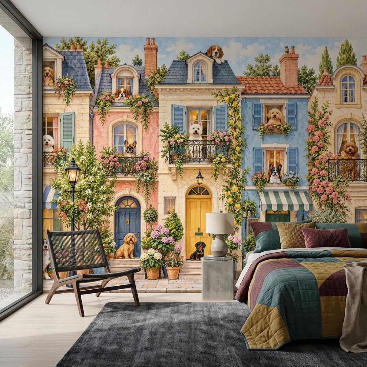 Whimsical Dog Townhouse Wall Mural, European Streetscape Wallpaper, Vintage French Pet Decor
