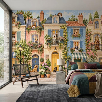 Whimsical Dog Townhouse Wall Mural, European Streetscape Wallpaper, Vintage French Pet Decor