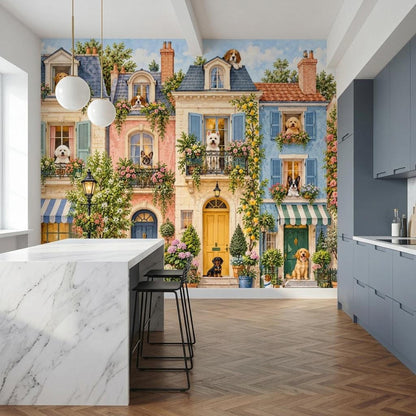 Whimsical Dog Townhouse Wall Mural, European Streetscape Wallpaper, Vintage French Pet Decor