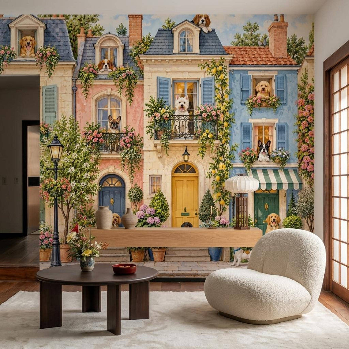 Whimsical Dog Townhouse Wall Mural, European Streetscape Wallpaper, Vintage French Pet Decor