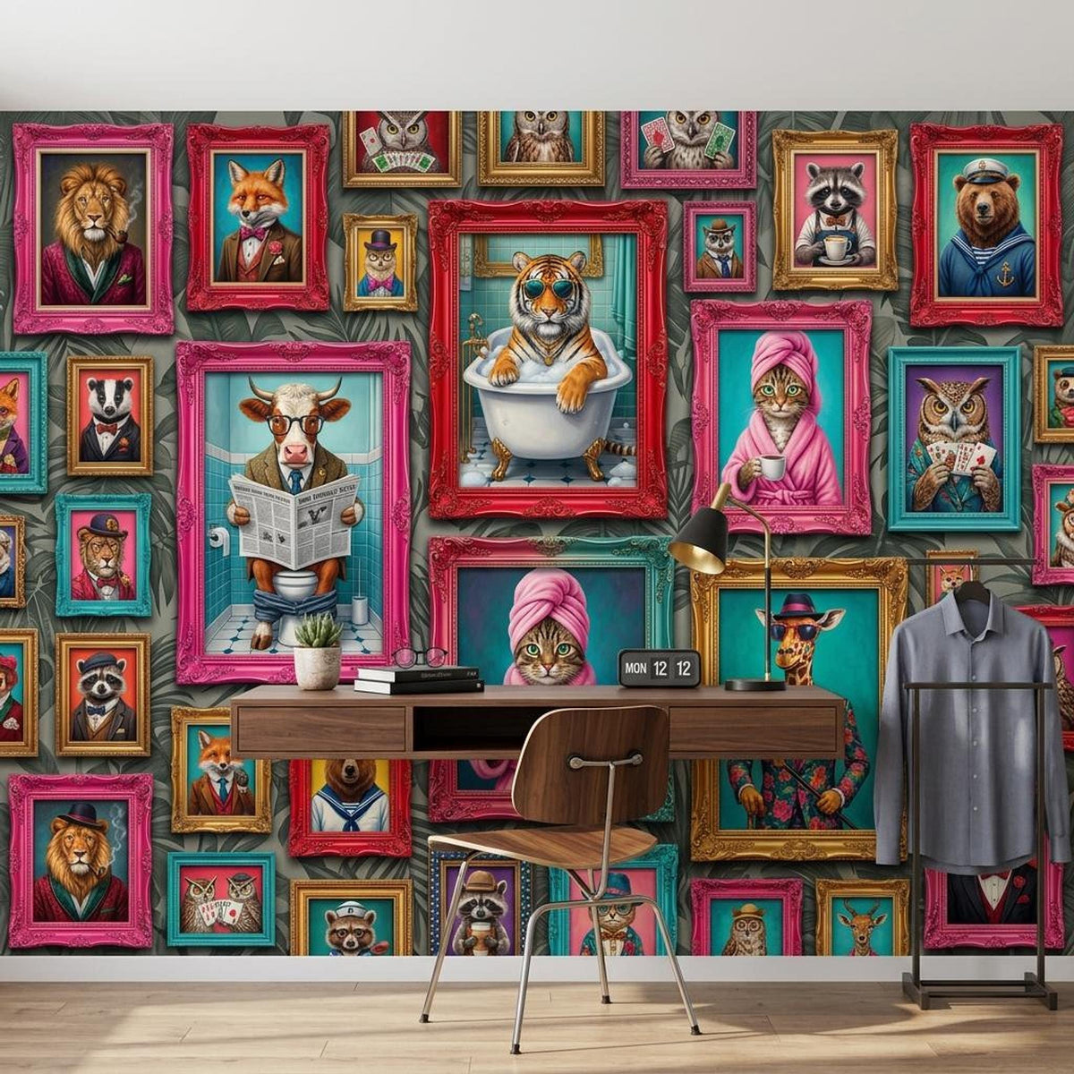 Personalized Anthropomorphic Animal Portrait Wallpaper, Maximalist Gallery Wall Mural (Custom name)