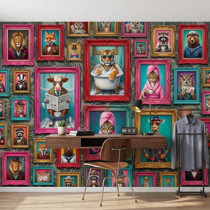 Personalized Anthropomorphic Animal Portrait Wallpaper, Maximalist Gallery Wall Mural (Custom name)